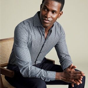 New Charles Tyrwhitt‎ Non-Iron Stretch Leaf Print Shirt - Ink Blue